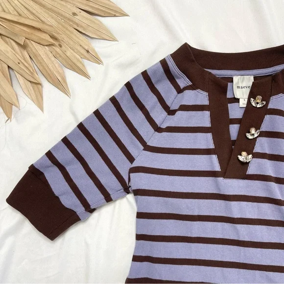 Anthropologie Maeve Half Sleeve Henley Ribbed Striped Jeweled Button Shirt Top - Picture 5 of 8